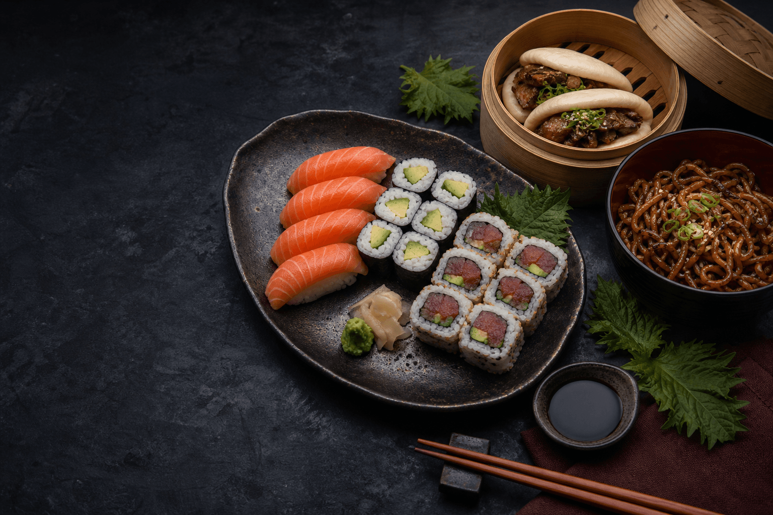 Takumi sushi, bao and noodles arranged on a dark table